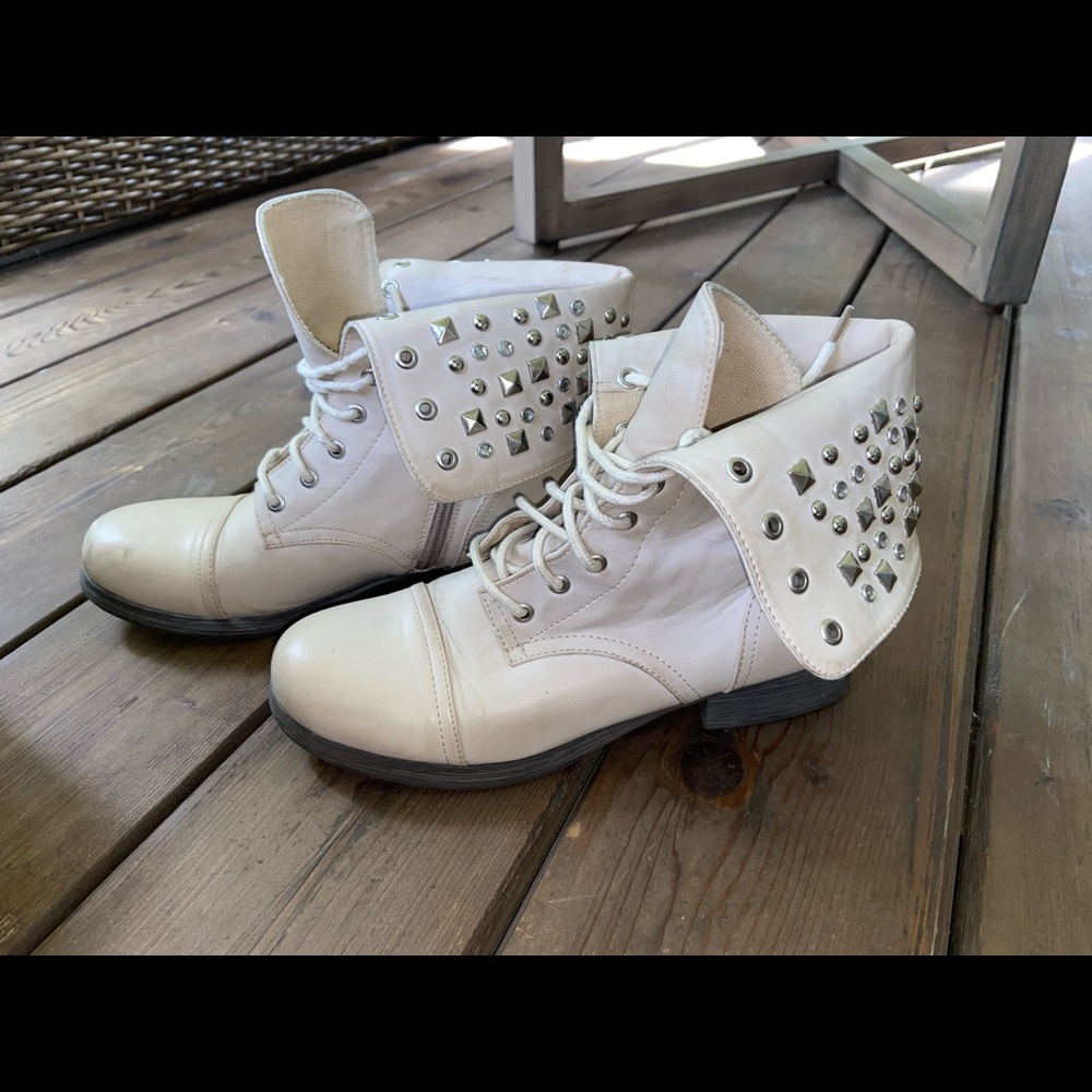 Cream leather studded combat boots